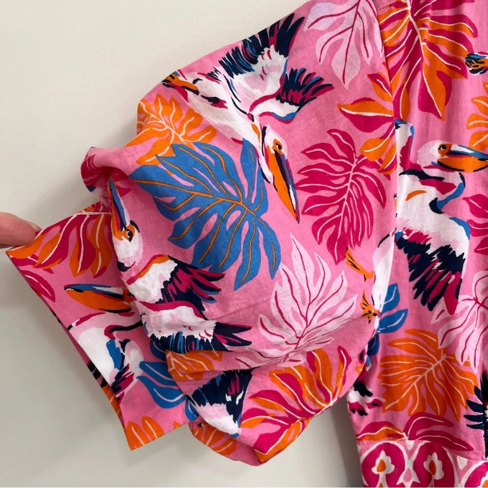 Printfresh Gabriela Midi Dress in Pelican Palms Pink Blue Wrap Style Large - Picture 7 of 16